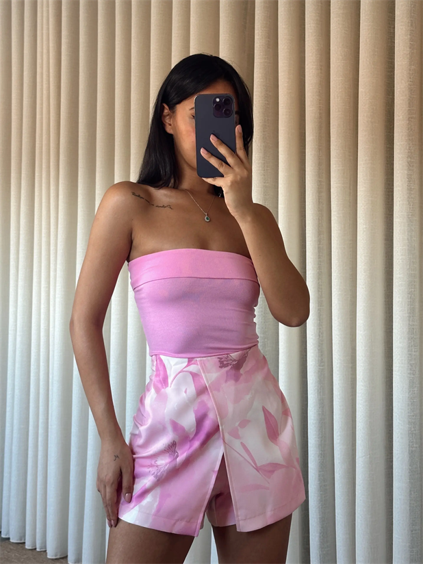 Çiçek Baskılı Mini Şort Etek - Pembe