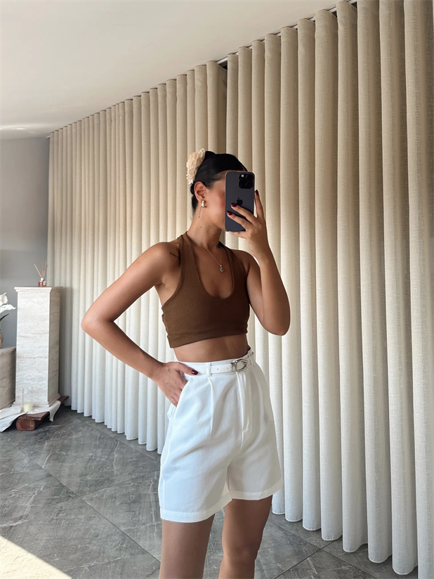 Keten Tek Pile Kemerli Şort - Beyaz