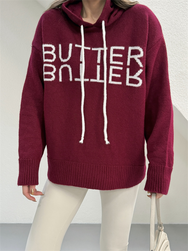 Kapüşonlu Butter Triko Kazak - Bordo