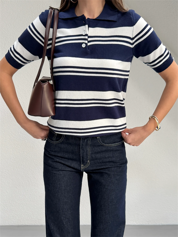 Polo Yaka Çizgili Kısa Kol Triko - Lacivert-Beyaz