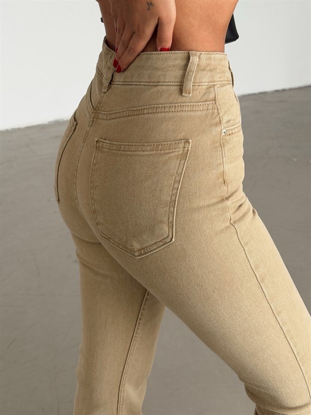 Yüksek Bel İspanyol Paça Jean - Kum Beji