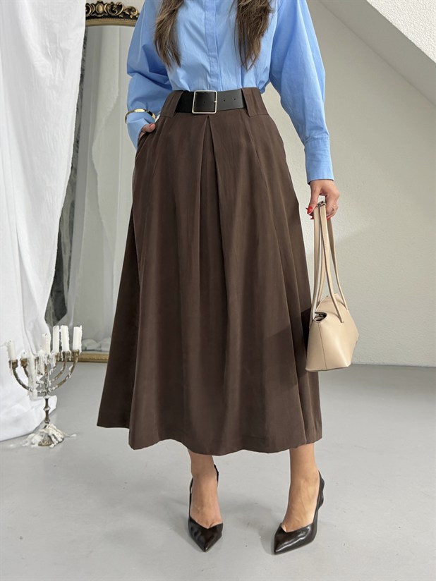 Tensel Kumaş Kemerli Kloş Etek - Kahve