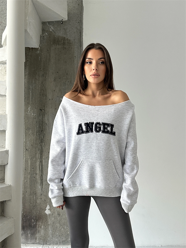 Angel Nakışlı Kayık Yaka Sweat - Gri