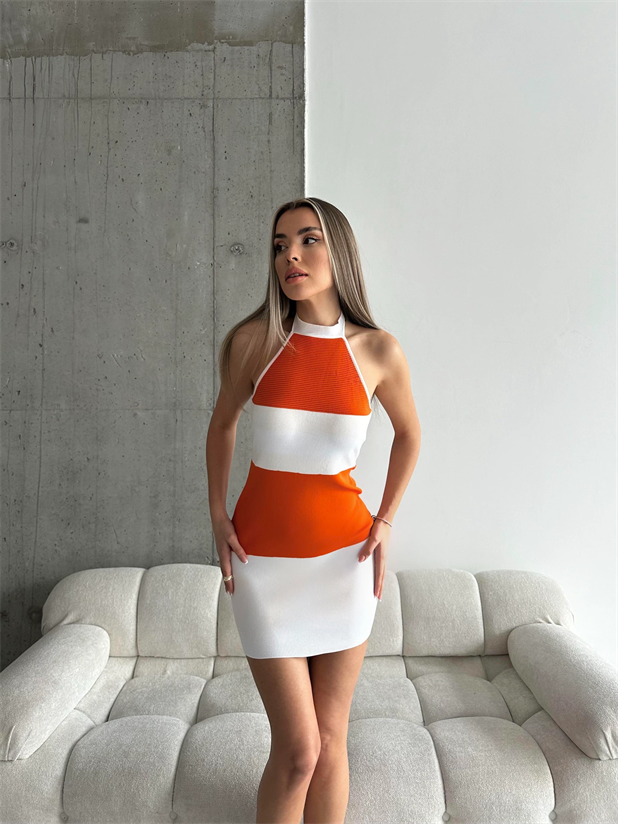 Boyun Bağlama Line Triko Elbise Beyaz-Oranj - Beyaz-Oranj