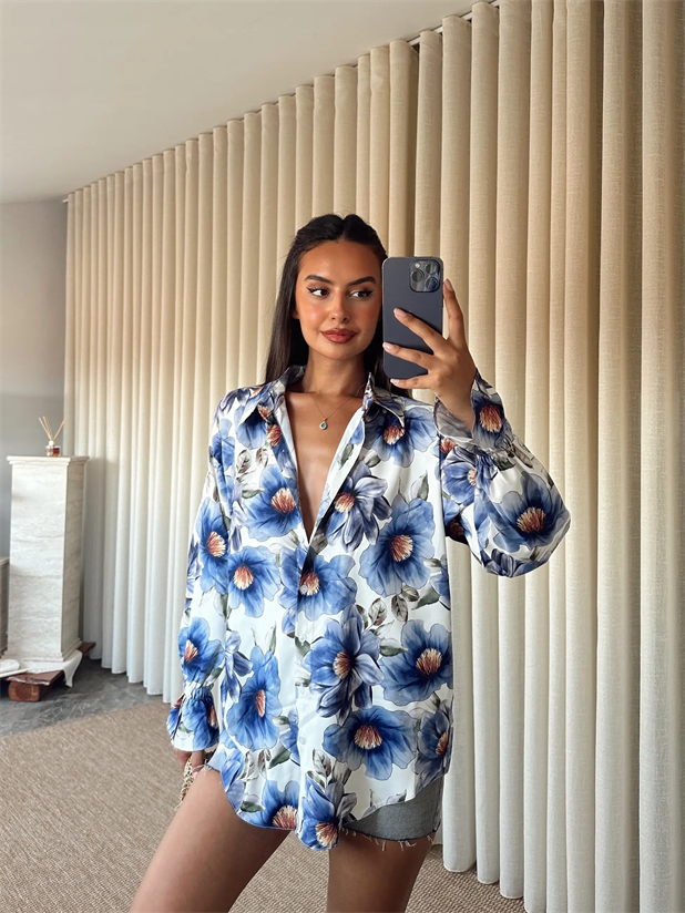 Çiçek Desenli Gömlek - Lacivert