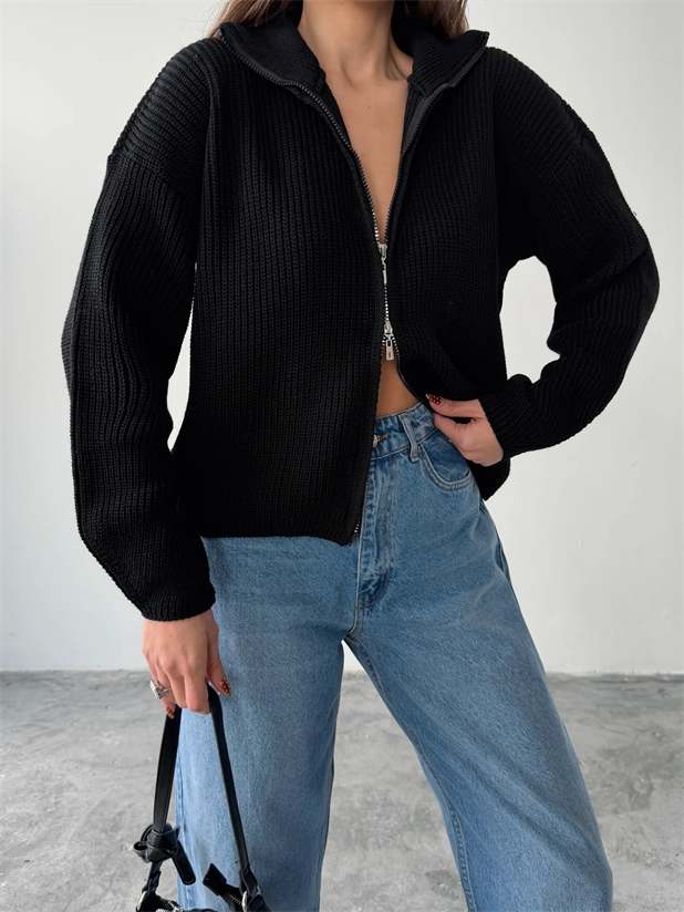 Çift Fermuarlı Triko - Siyah