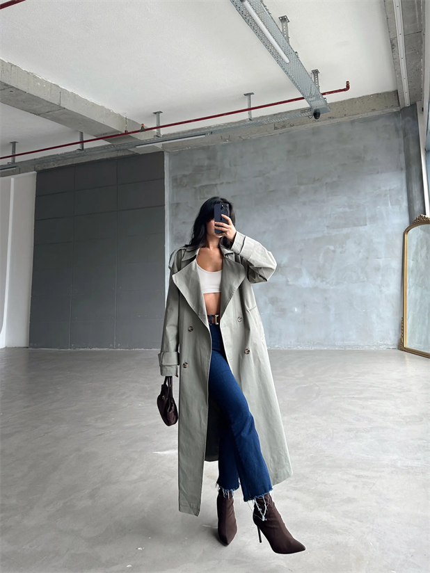 Kemerli Trençkot Haki Yeşil - Haki Yeşil