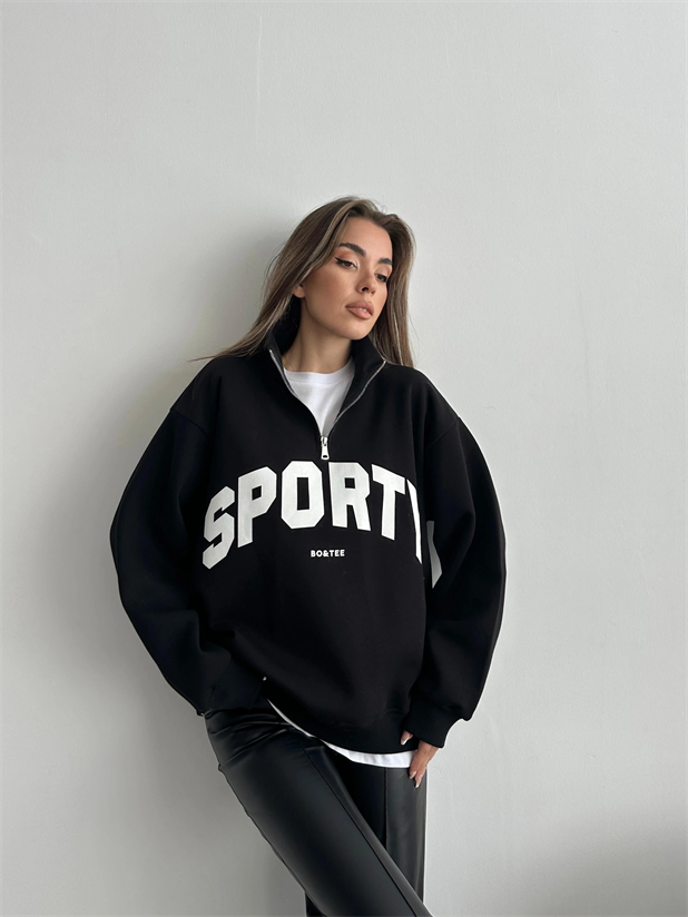 Sporty Yarım Fermuar Sweat - Siyah