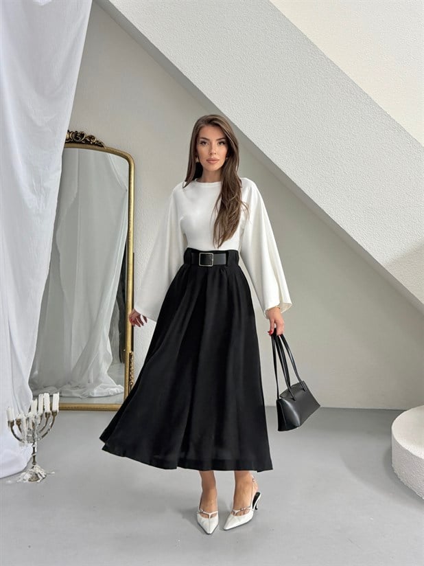 Tensel Kumaş Kemerli Kloş Etek - Siyah