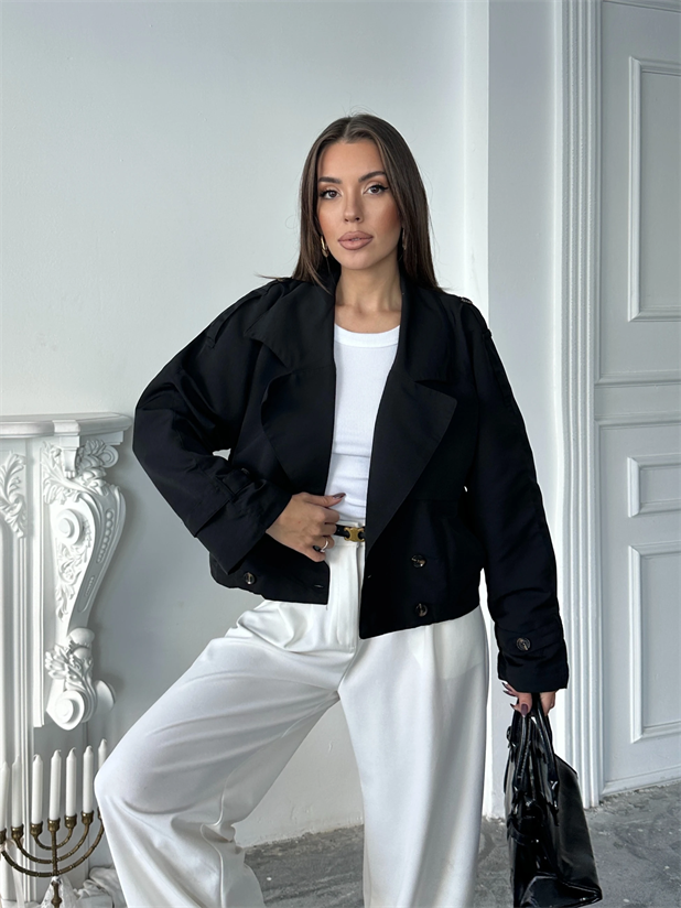 Dört Düğmeli Crop Trençkot - Siyah