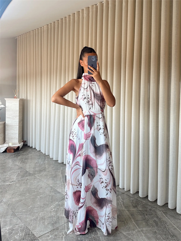 Desenli Şifon Elbise - Ekru-Pembe