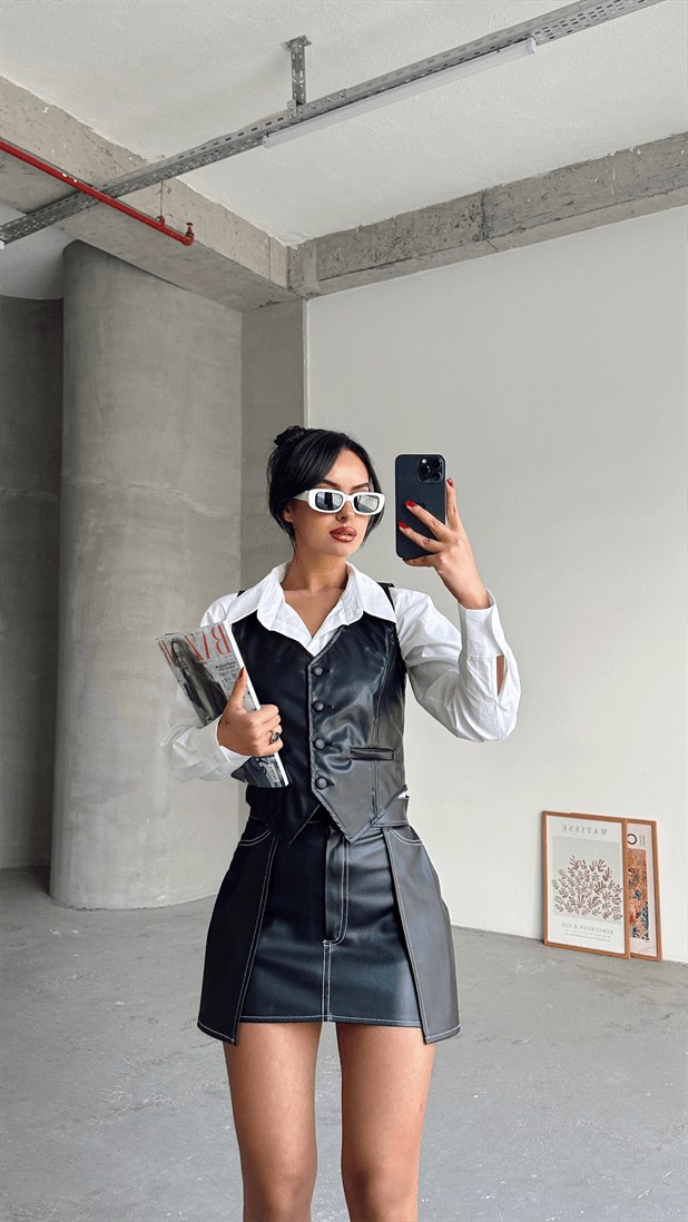 Deri Yelek Siyah - Siyah