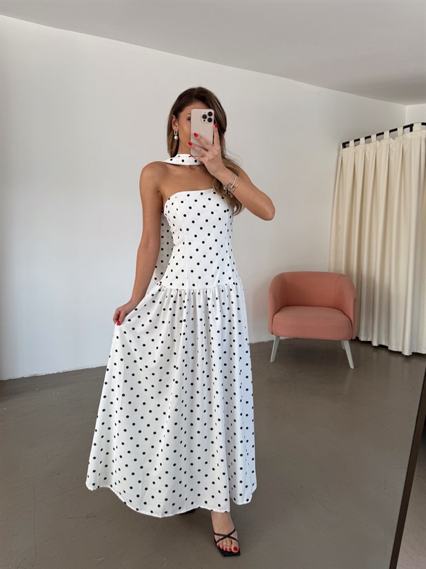 Straplez Fular Detaylı Puantiye Elbise - Beyaz