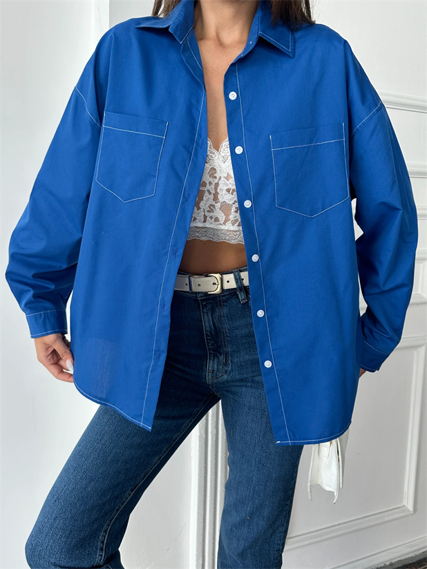 Süs Dikiş Detay Gömlek - Saks Mavi