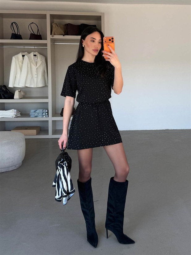 Taş Detaylı Modal Elbise - Siyah