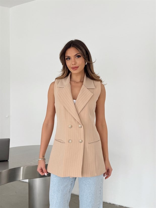 Ceket Yaka Line Yelek - Bej