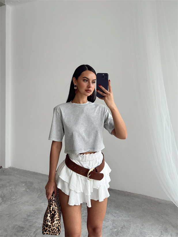 Yıkamalı Vatkalı Crop Basic - Gri