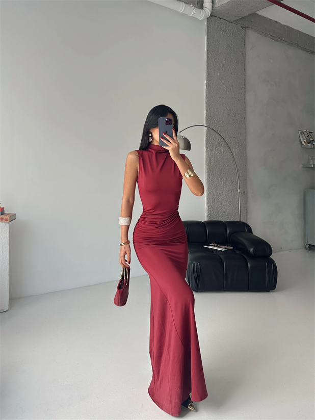 Kolsuz Drapeli Maxi Elbise - Bordo