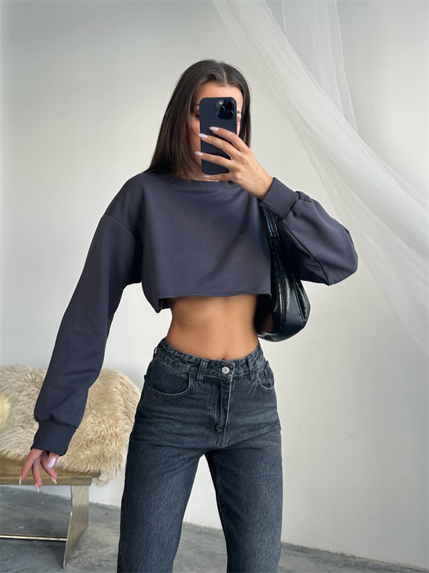Dikişsiz Crop Sweat - Füme