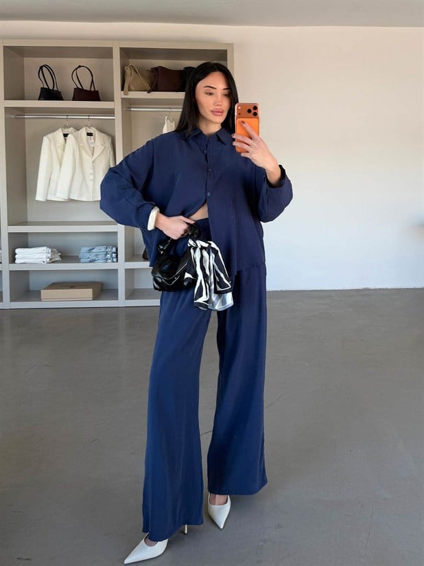 Tensel Yarasa Gömlekli Palazzo Takım - Lacivert