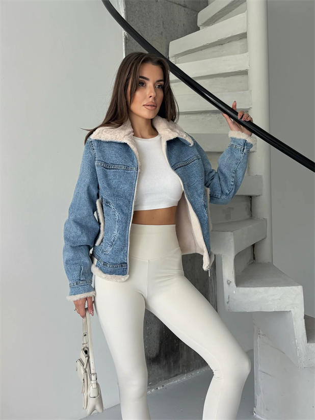 Yakası Peluş Denim Ceket - Mavi