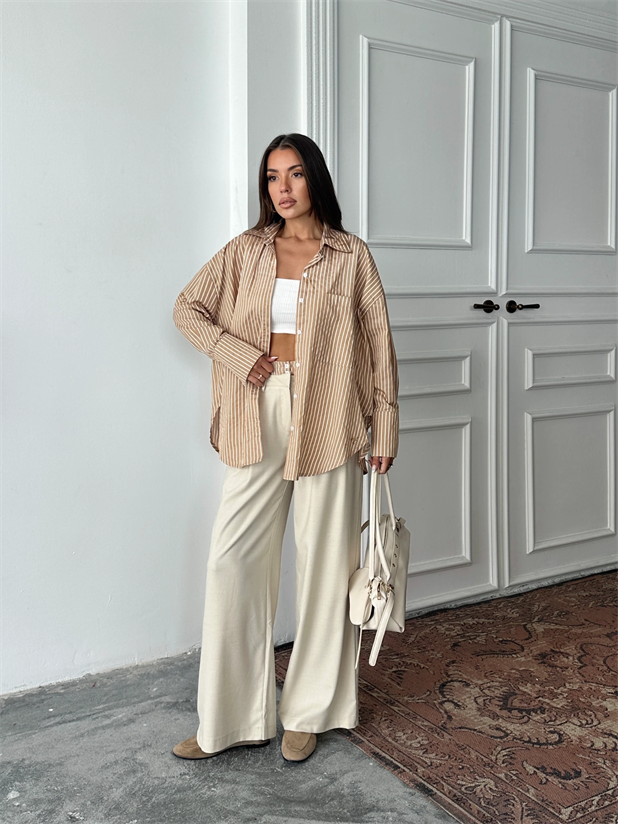 Bel Çizgi Detay Gömlekli Takım - Vizon