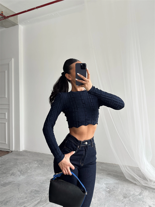 Labirent Desen Crop Triko Kazak Lacivert - Lacivert