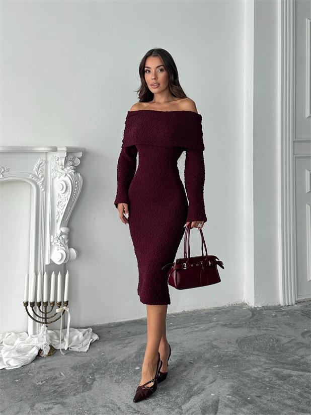 Madonna Yaka Buklet Elbise - Bordo