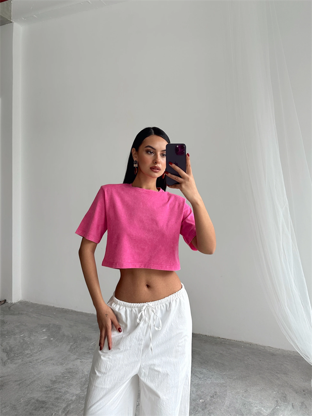 Yıkamalı Vatkalı Crop Basic - Pembe