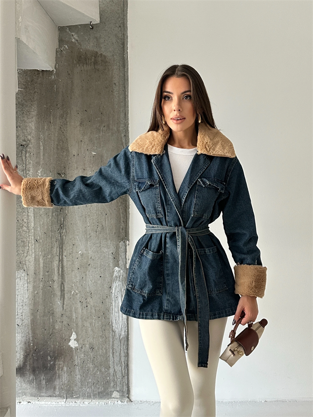 Yakası Kürklü Denim Ceket - Lacivert