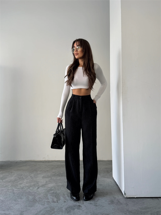 Yünefekt Çizgili Palazzo - Siyah