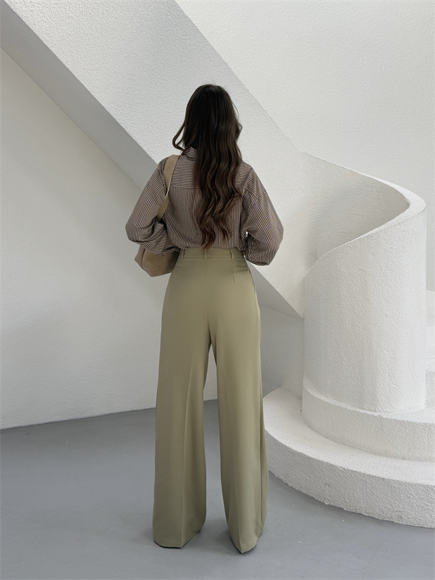 Çift Pileli Palazzo Pantolon - Çağla Yeşili