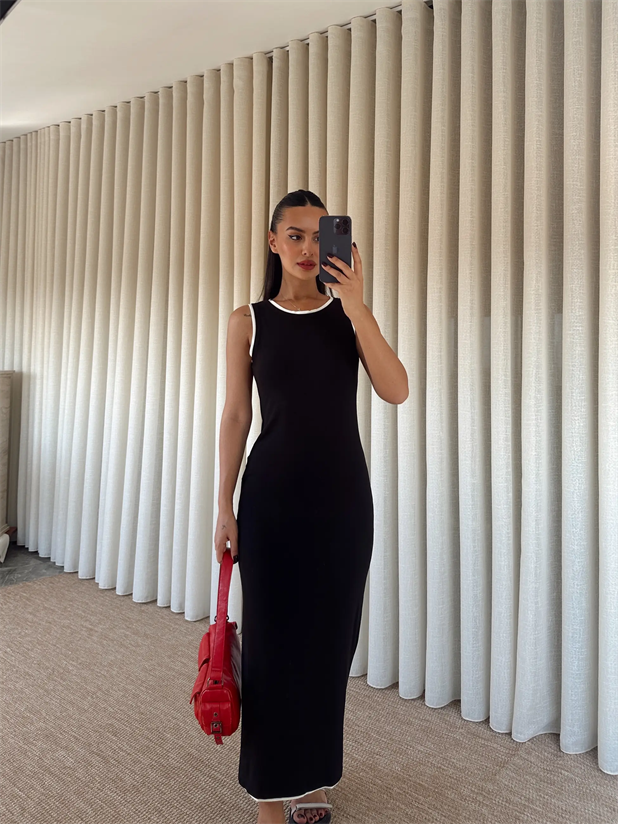 Sıfır Kol Şerit Detay Elbise  - Siyah