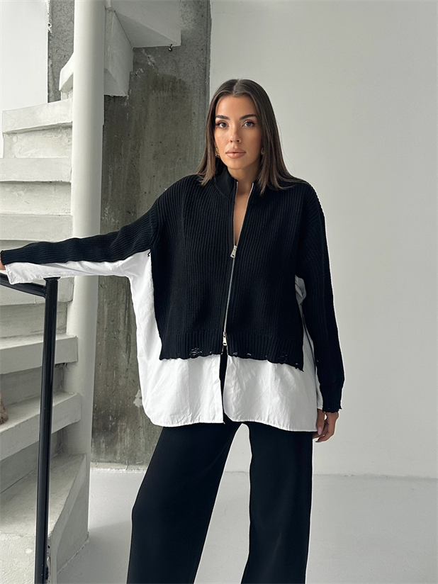 Poplin Fermuarlı Triko Takım - Siyah