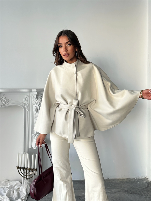 Kaşe Kuşaklı Pelerin Kaban - Taş