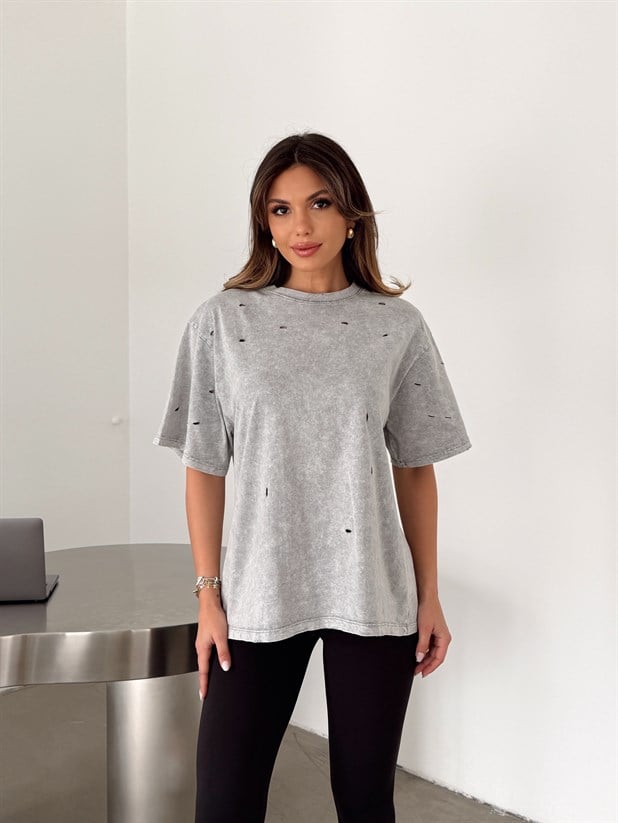 Delikli Yıkama T-shirt - Gri