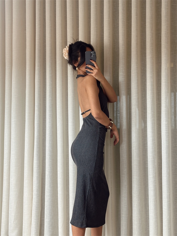 Sırt Dekolte Elbise - Antrasit