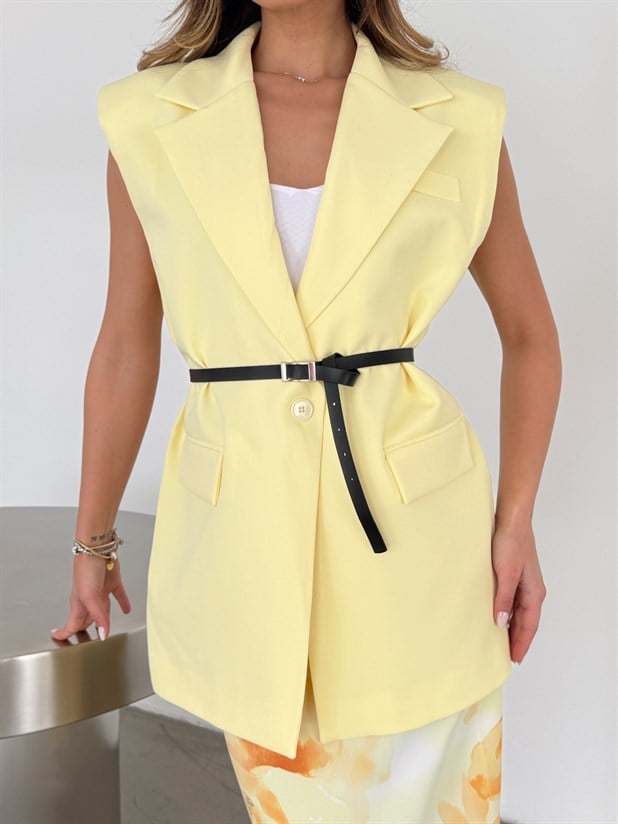 Deri Kemerli Yelek - Limon Sarısı