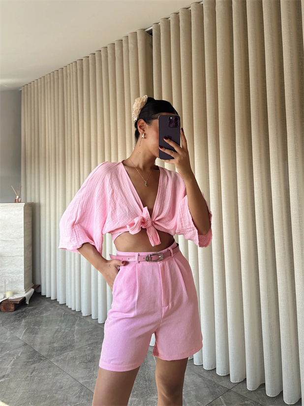 Keten Tek Pile Kemerli Şort - Pembe