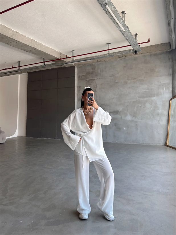 Belden Bağlamalı Keten Kimono Takım - Beyaz