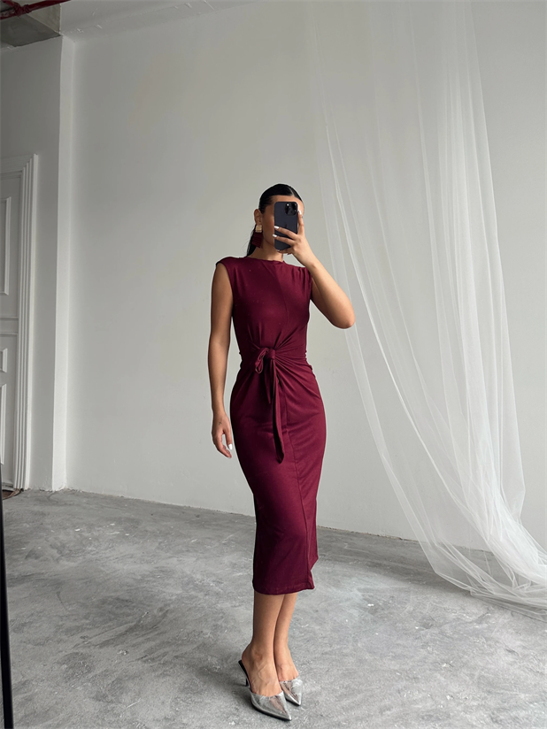 Yandan Bağlamalı Elbise - Mürdüm