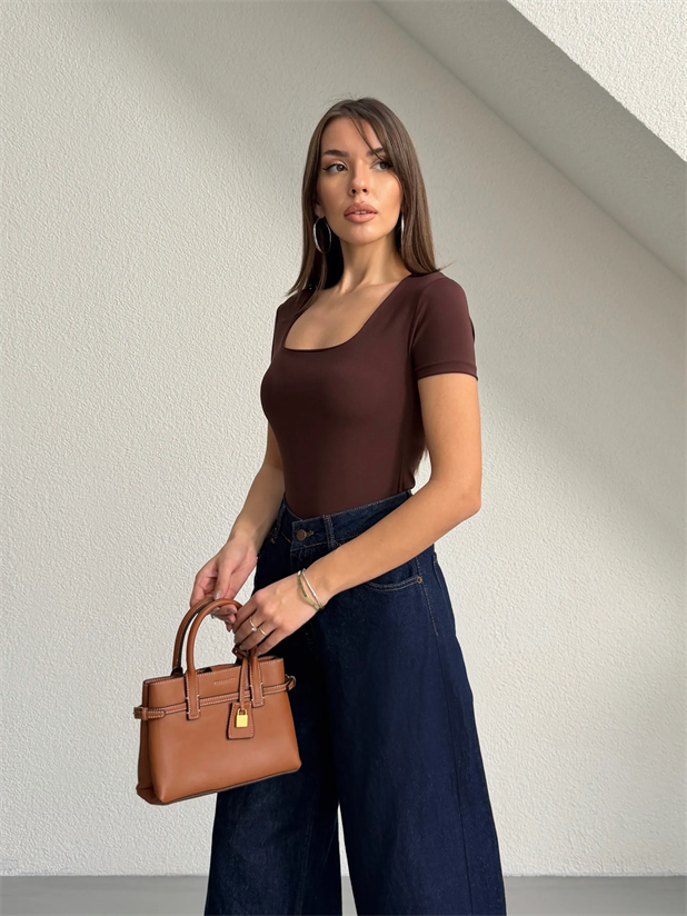 Kare Yaka Kısa Kol Bodysuit - Kahve