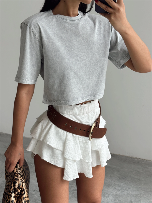 Yıkamalı Vatkalı Crop Basic - Gri