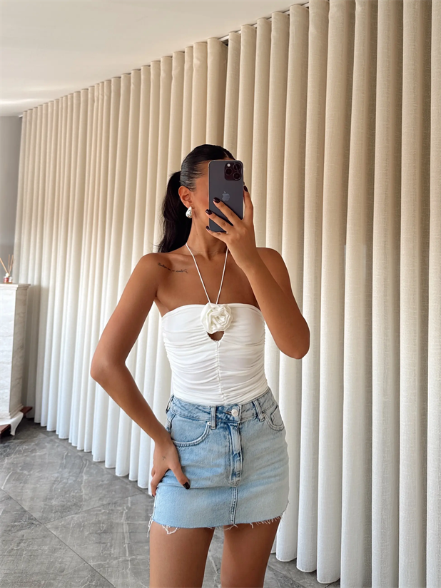 Milla Gül Detay Boyundan Bağlamalı Bodysuit Beyaz - Beyaz