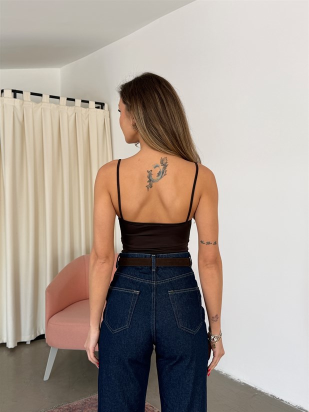 Askılı Crop Bluz - Kahve