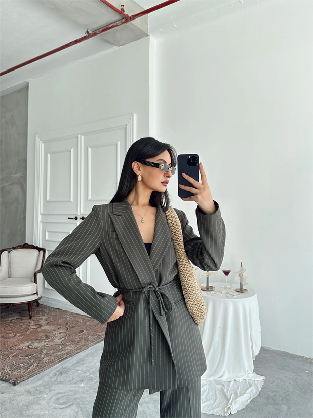 Bel Bağlama Line Blazer Ceket - Haki Yeşil