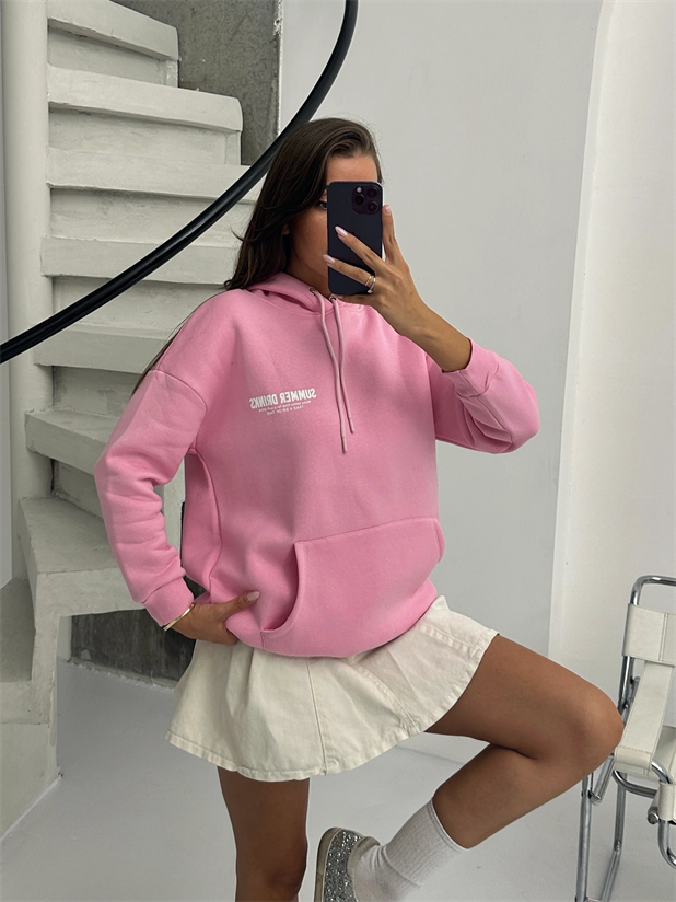 Baskılı Kapüşonlu Oversize Sweat - Pembe
