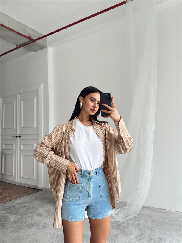 Çift Cep Detay Kot Şort Açık Mavi - Mavi