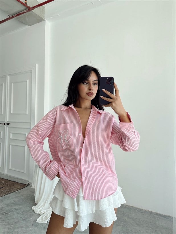 Nakış Detaylı Gömlek - Pembe