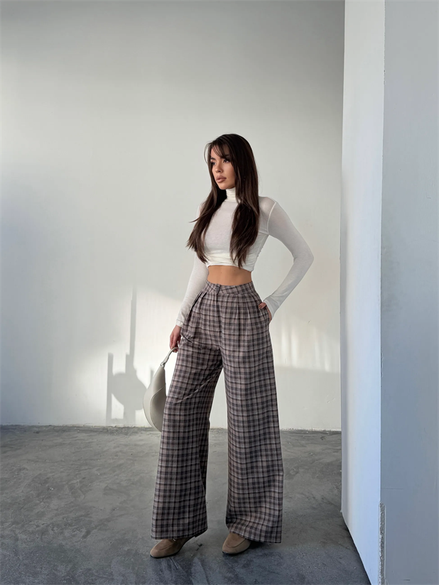 Ekose Üç Pile Palazzo Pantolon  - Kahve